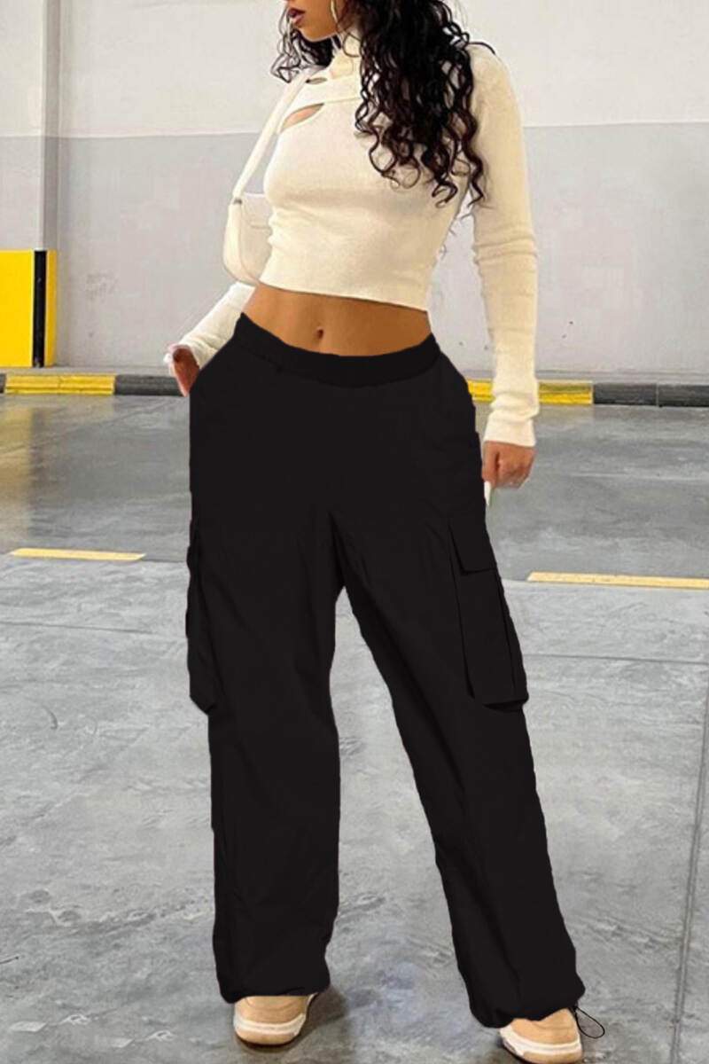 Black Casual Solid Basic Regular High Waist Conventional Solid Color Trousers