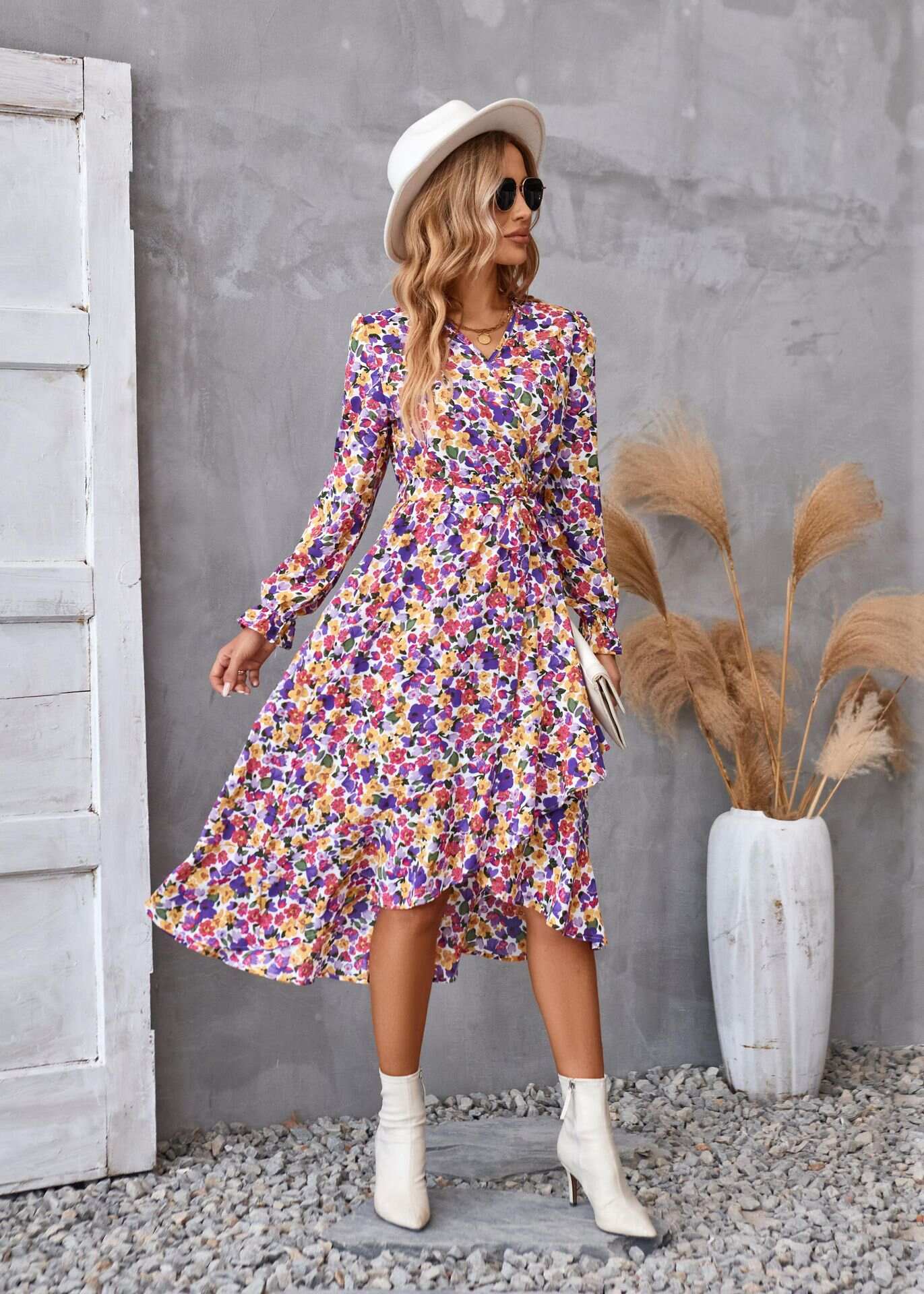 Women's long-sleeved printed dress latest style V-neck breathable and comfortable - Buy 3 and get free shipping