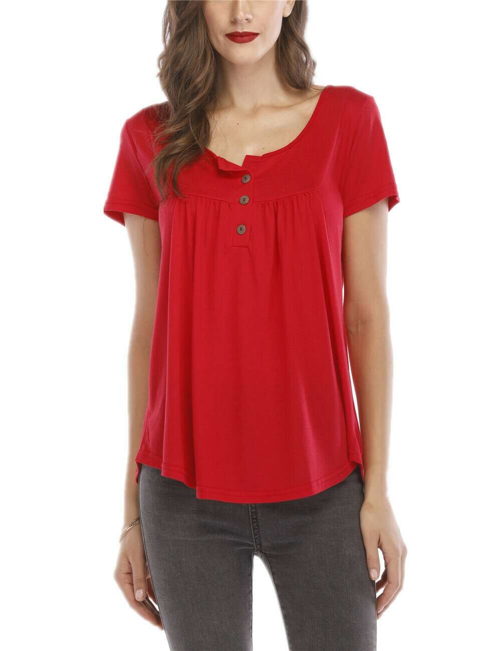 Women's pleated button loose short-sleeved T-shirt