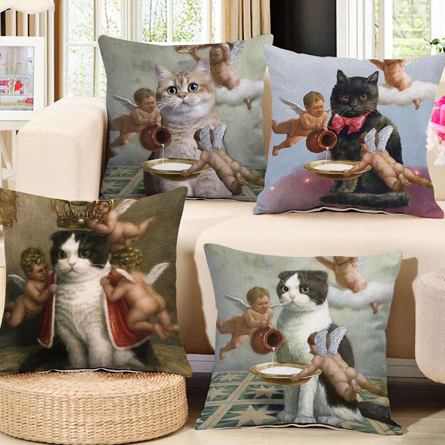 Funny Renaissance Cat Double Side Pillow Cover 4PC