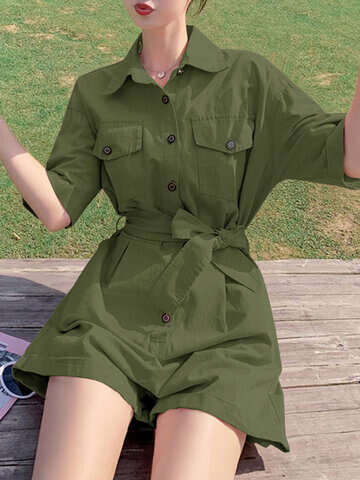 Women Jumpsuits & Rompers | Solid Button Pocket Lapel Short Sleeve Cargo Romper With Belt - VV77153