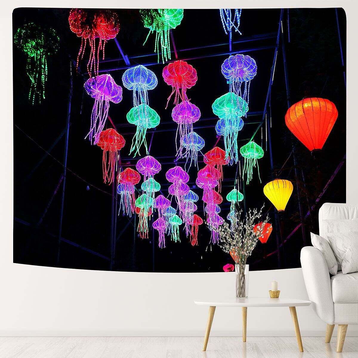 Black UV Light Jellyfish Psychedelic Tapestry