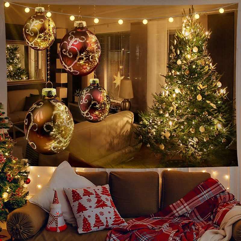 Christmas Decor LED Lights Wall Tapestry Santa Claus Christmas Tree Print