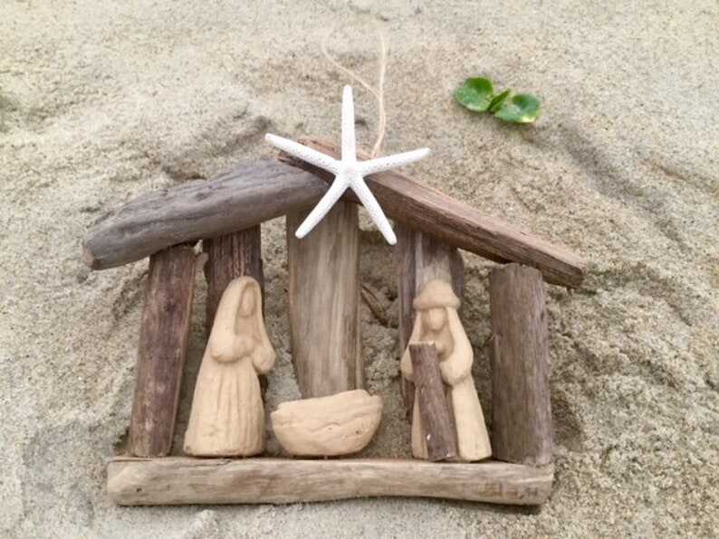 SALE Order by 12 15 Driftwood Nativity Manger Ornament Holy Family Christmas Church small group Beach lover SawdustSandandSpirit OBX