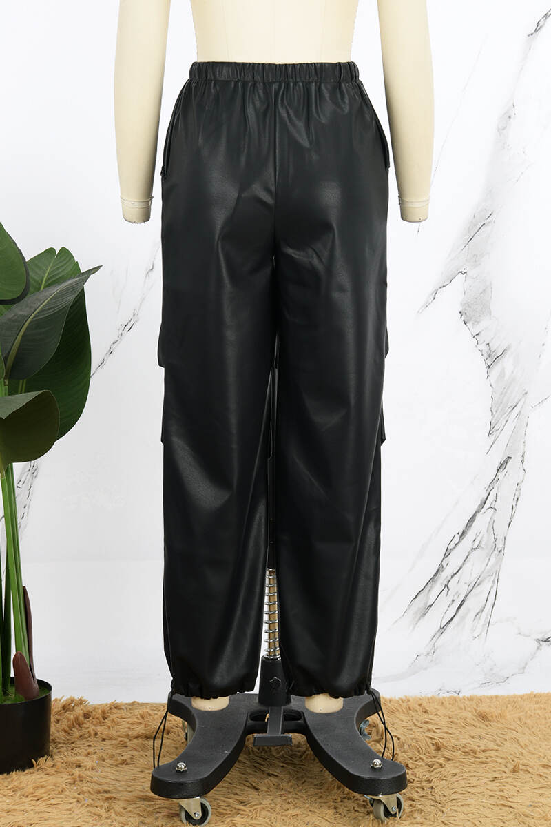 Black Street Solid Patchwork Draw String Pocket Straight Mid Waist Straight Solid Color Bottoms