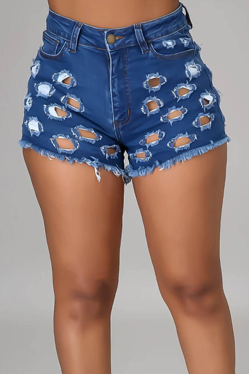 Light Blue Street Solid Hollowed Out Pocket Buttons Zipper Mid Waist Skinny Denim Shorts