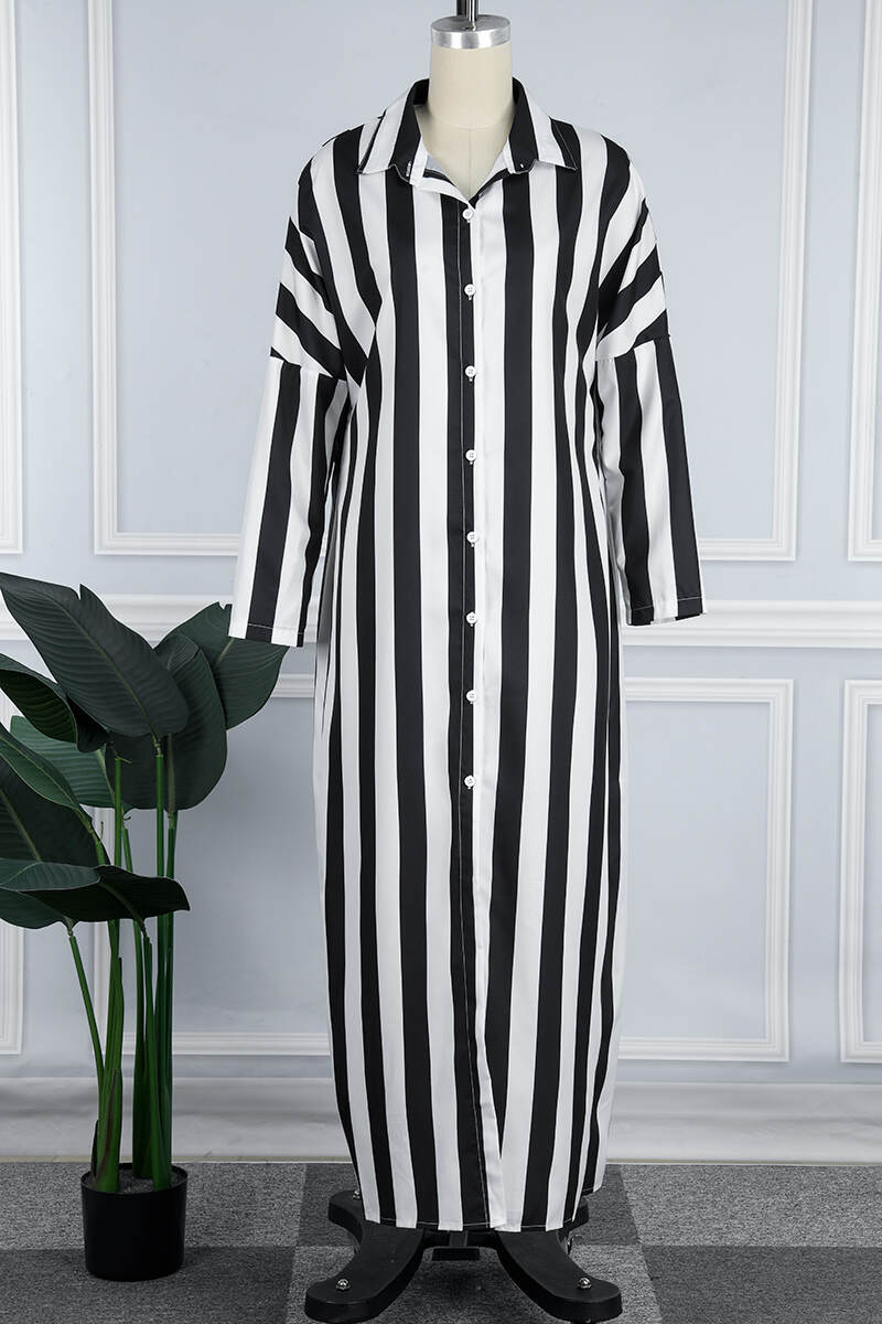 White Casual Striped Print Patchwork Turndown Collar Shirt Dress Dresses