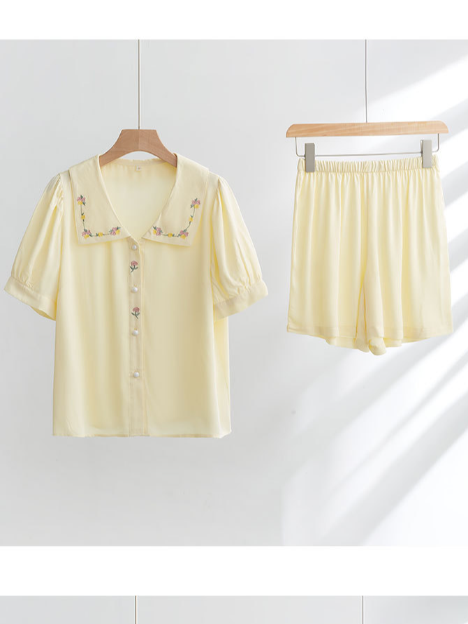 Loose Shawl Collar Vacation Plain Short Sleeve Pajama Set