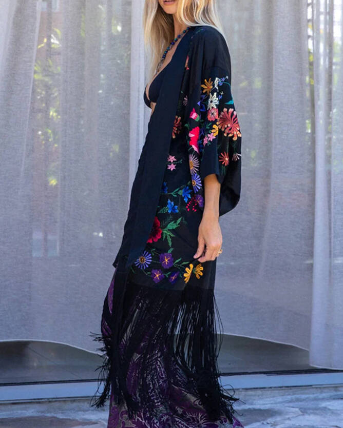 embroidered kimono fringed cardigan