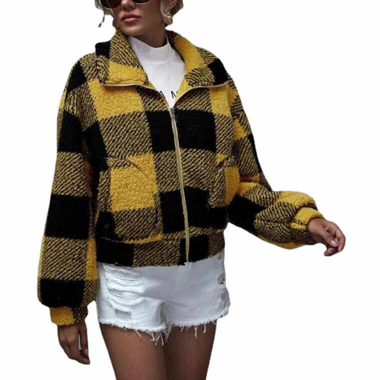 Lapel Cardigan Plaid Literary Street Hipster Yellow