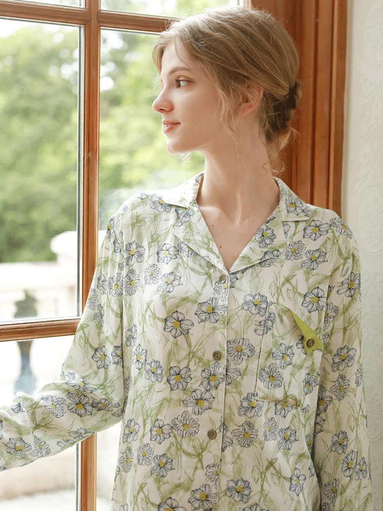 Shawl Collar Simple Floral Long Sleeve Pajama Set