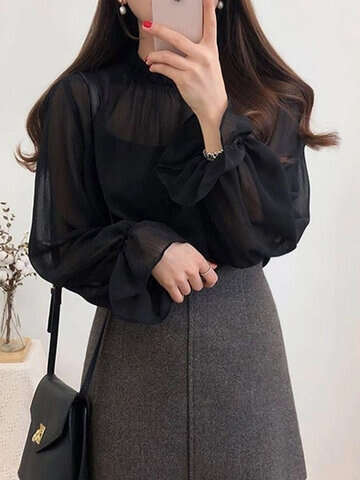 Women Blouses & Shirts | Solid Puff Sleeve Ruffle Stand Collar Chiffon Blouse - OQ65014