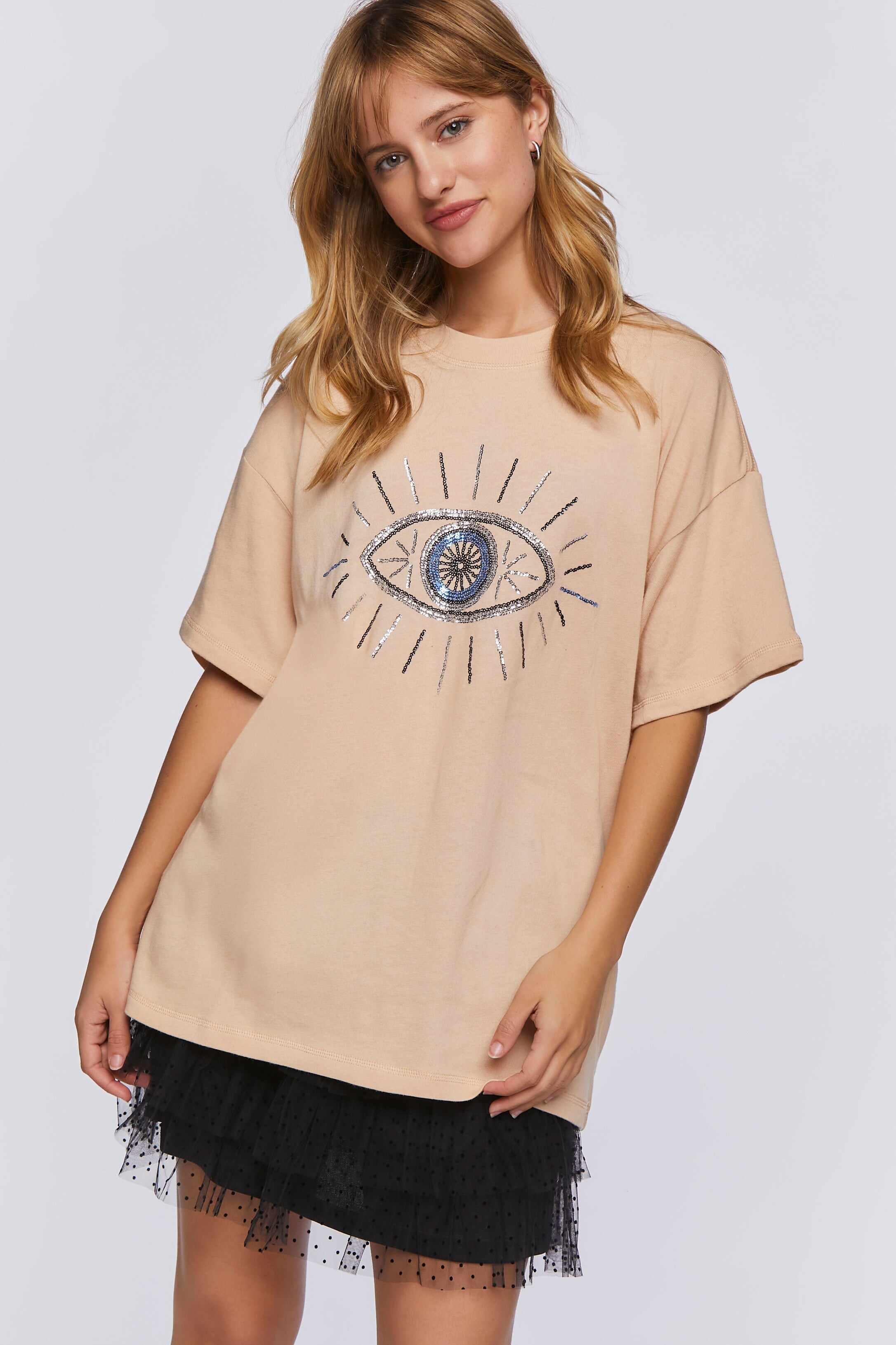 Women Apparel | Sequin Evil Eye Graphic Tee Cream Forever21 - UG79996