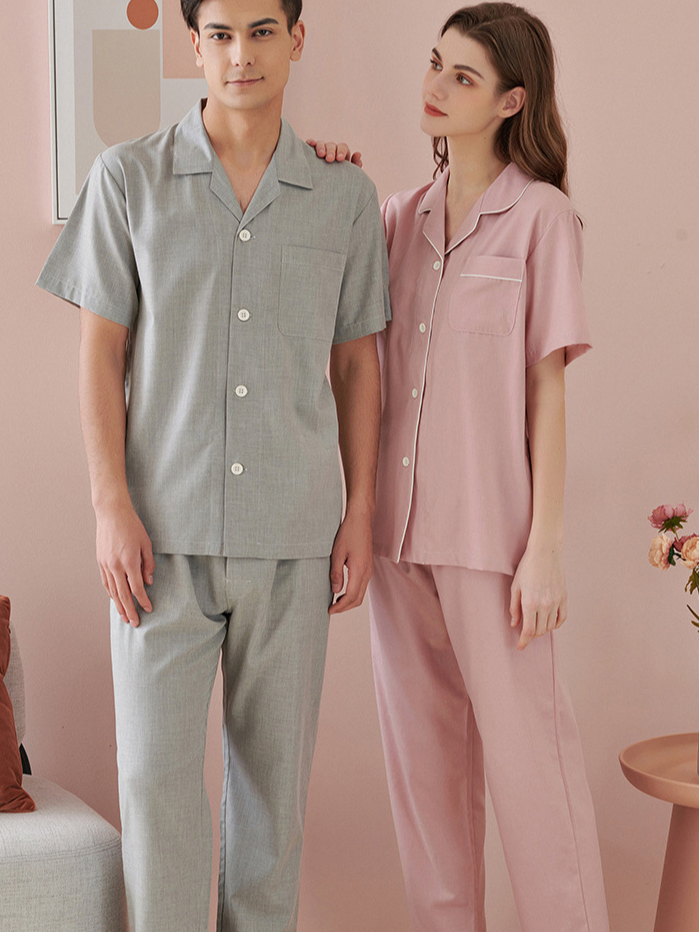 Bamboo Fiber Plain Casual Short Sleeve Couple Pajama Set