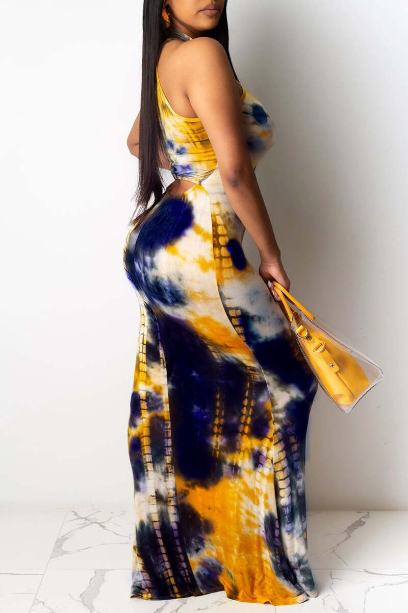 Yellow Fashion Sexy Print Tie-dye O Neck Sleeveless Dress