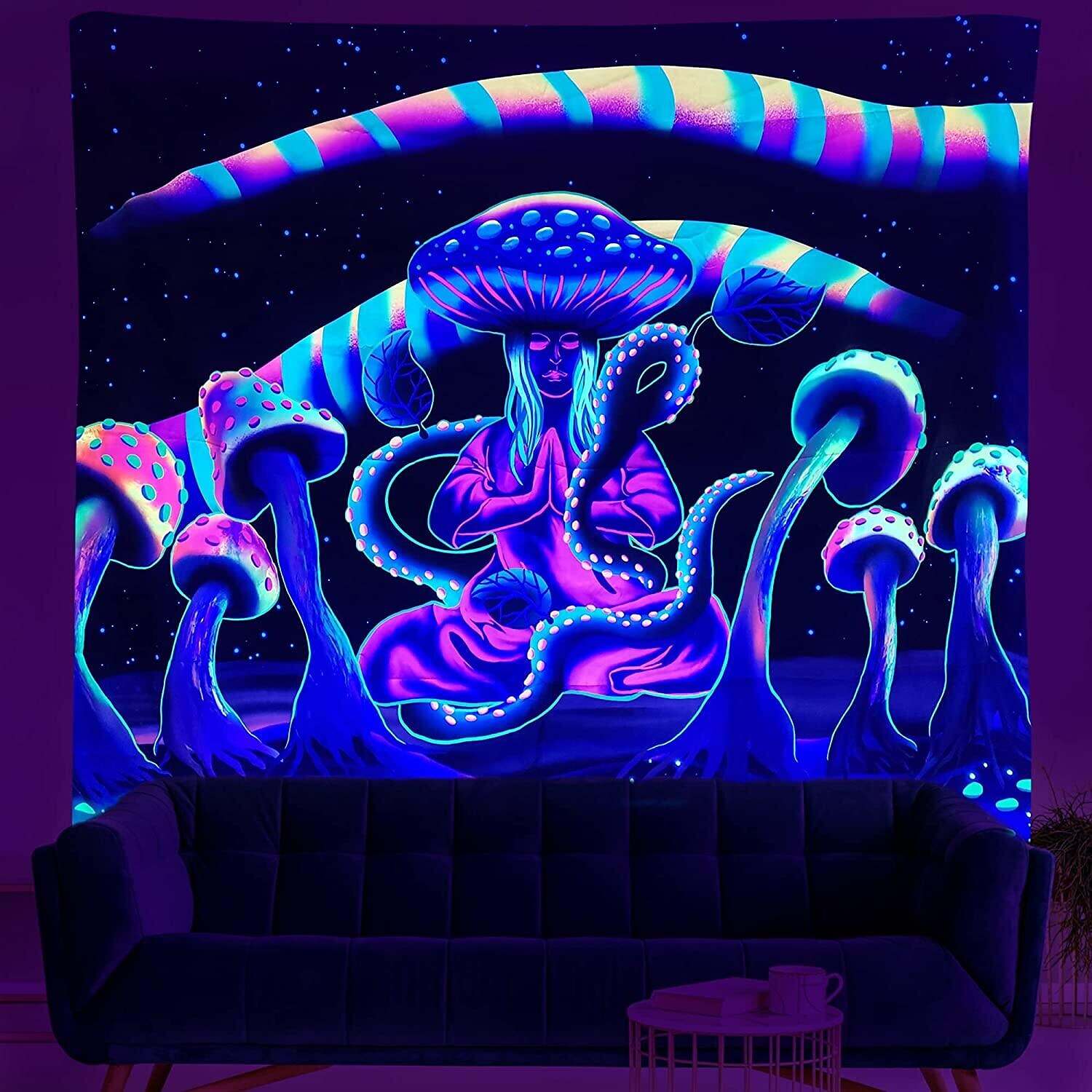 Blacklight Tapestry UV Reactive Trippy Misty Mushroom Forest