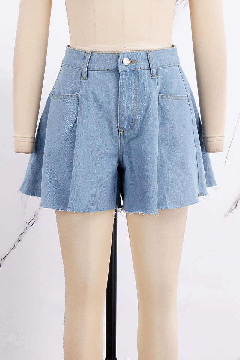 Blue Casual Solid Patchwork High Waist Regular Denim Shorts