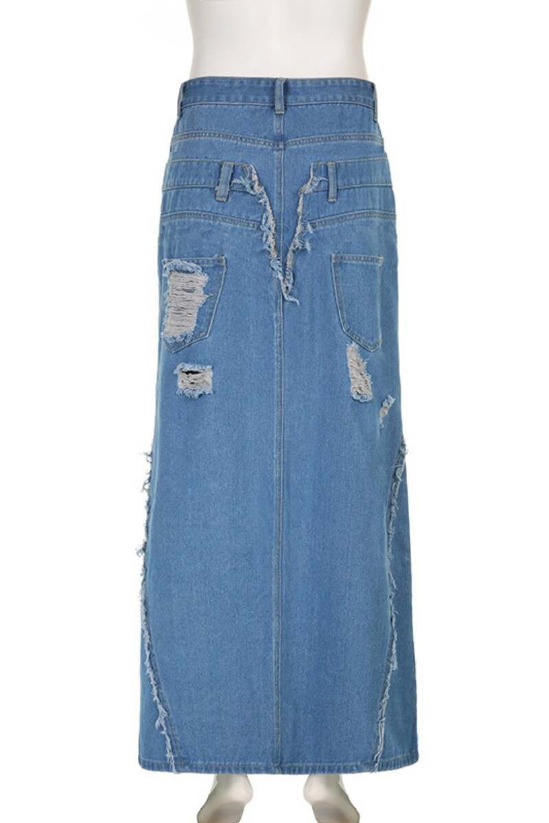 Blue Casual Solid Ripped Patchwork Slit High Waist Regular Denim Skirts