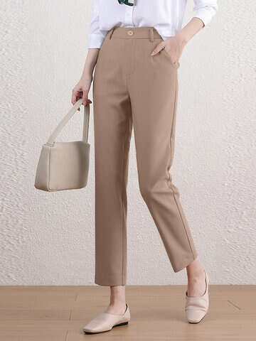 Women Pants & Capris | Solid Pocket Button Zip Tailored Pants For Women - EU24222