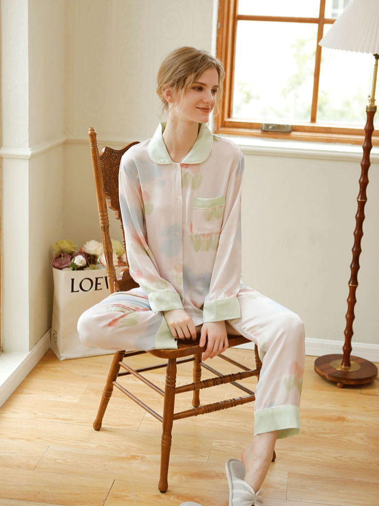 Simple Floral Loose Shawl Collar Long Sleeve Pajama Set