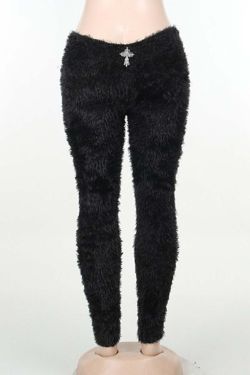 Black Casual Solid Patchwork Skinny Mid Waist Conventional Patchwork Trousers