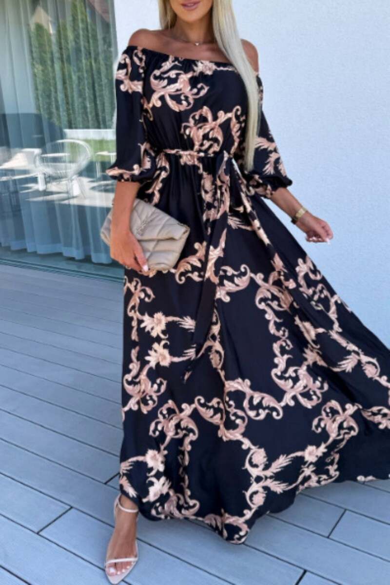 Black Red Casual Print Patchwork Off the Shoulder Long Dress Dresses