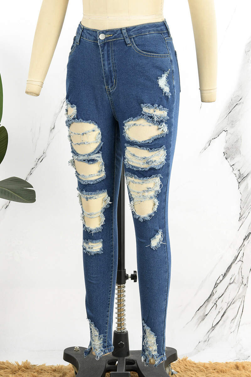 Deep Blue Street Solid Ripped Patchwork Pocket Buttons Zipper High Waist Skinny Denim Jeans