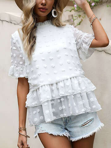 Women Blouses & Shirts | Swiss Dot Solid Ruffle Tiered Chiffon Bell Sleeve Romantic Blouse - KN24584