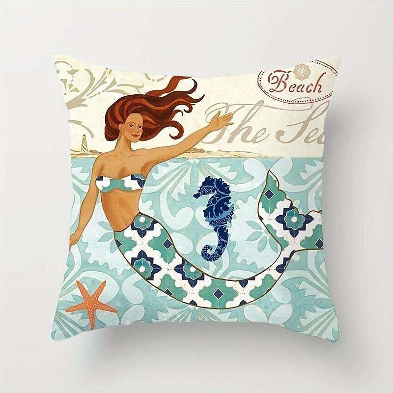 Mermaid Ocean Double Side Pillow Cover 4PC Summer Soft Decorative Square Cushion Case Pillowcase for Bedroom Livingroom Sofa Couch Chair