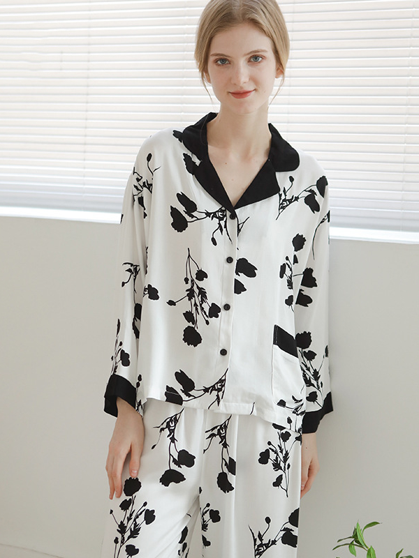 Loose Casual Floral Pattern V Neck Long Sleeve Pajama Set