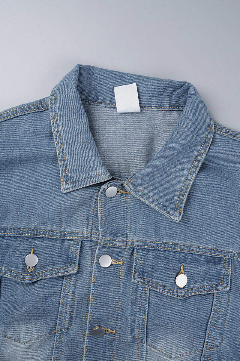 Light Blue Street Solid Patchwork Pocket Buckle Buttons Turndown Collar Long Sleeve Regular Denim Jacket