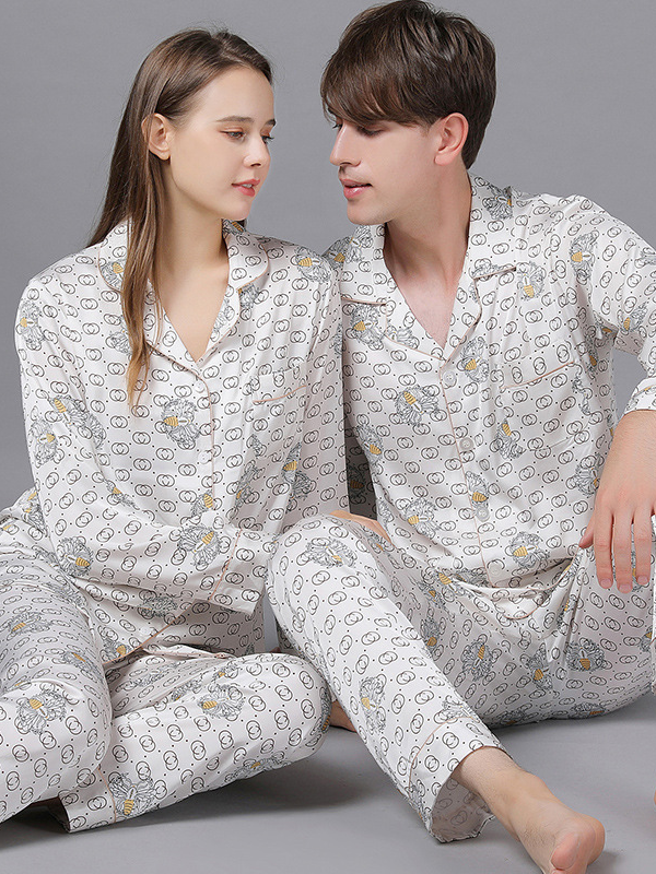 Regular Fit V Neck Animal Print Casual Long Sleeve Couple Pajama Set