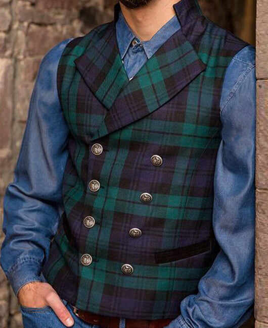 Casual Plaid Print Lapel Collar Double Breasted Blazer Vest