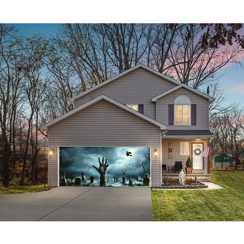 Spooky Graveyard Halloween Garage Door Banner Mural on a Full Moon Nig