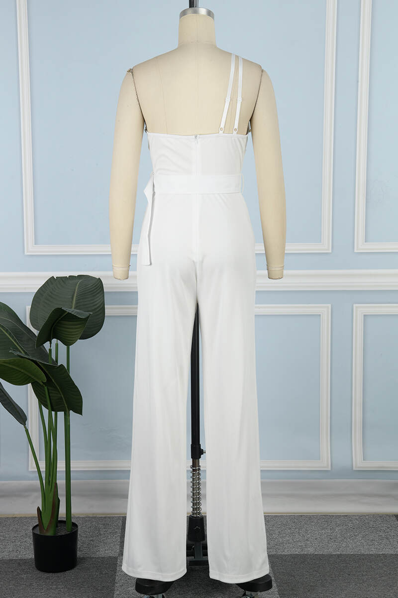 White Sexy Casual Solid Backless With Belt Oblique Collar Skinny Jumpsuits