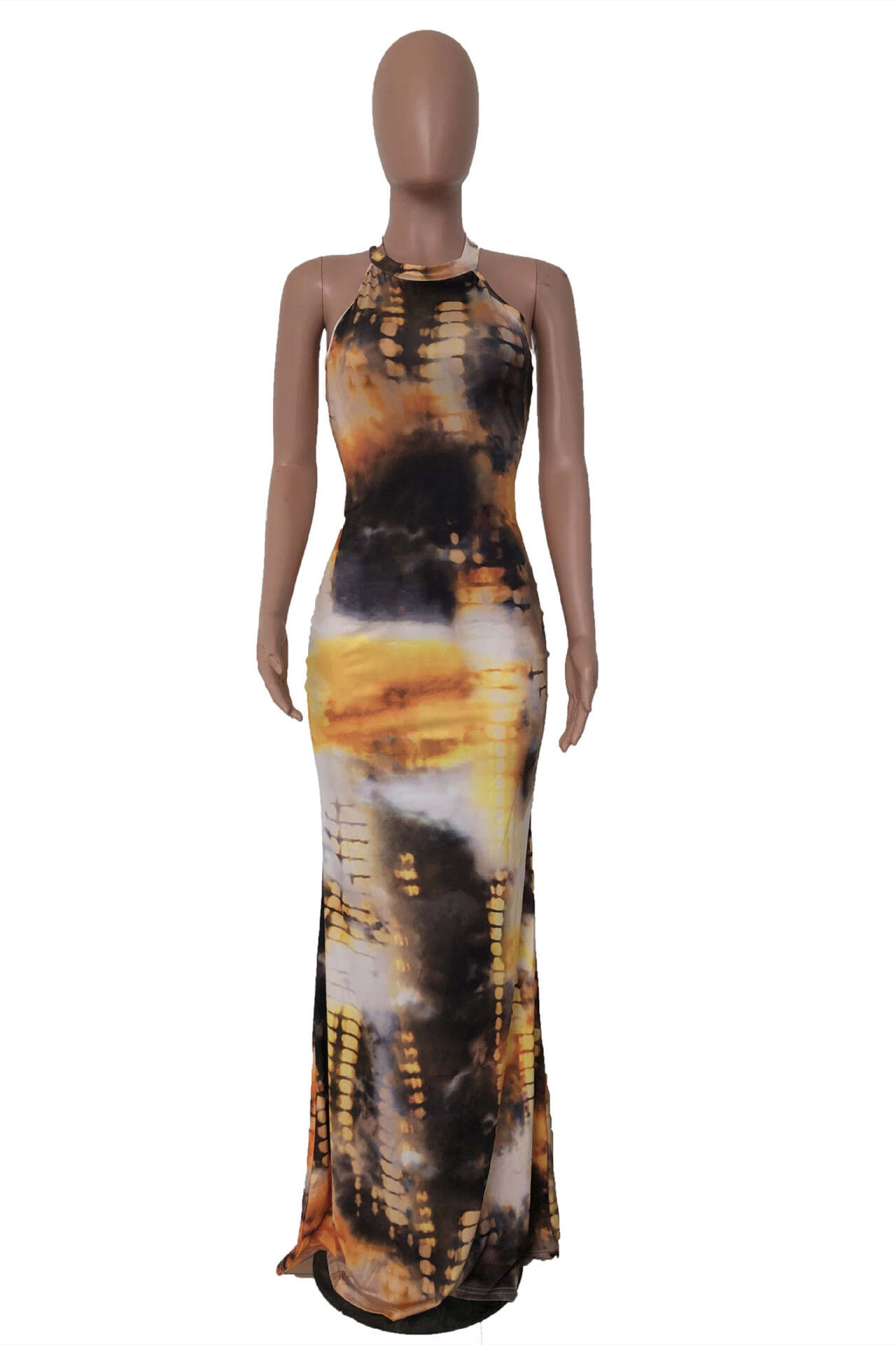 Yellow Fashion Sexy Print Tie-dye O Neck Sleeveless Dress