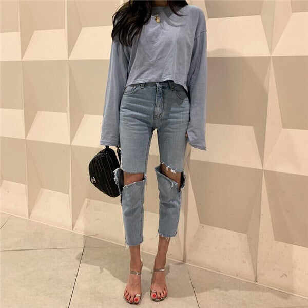 Blue Irregular Ripped Jeans