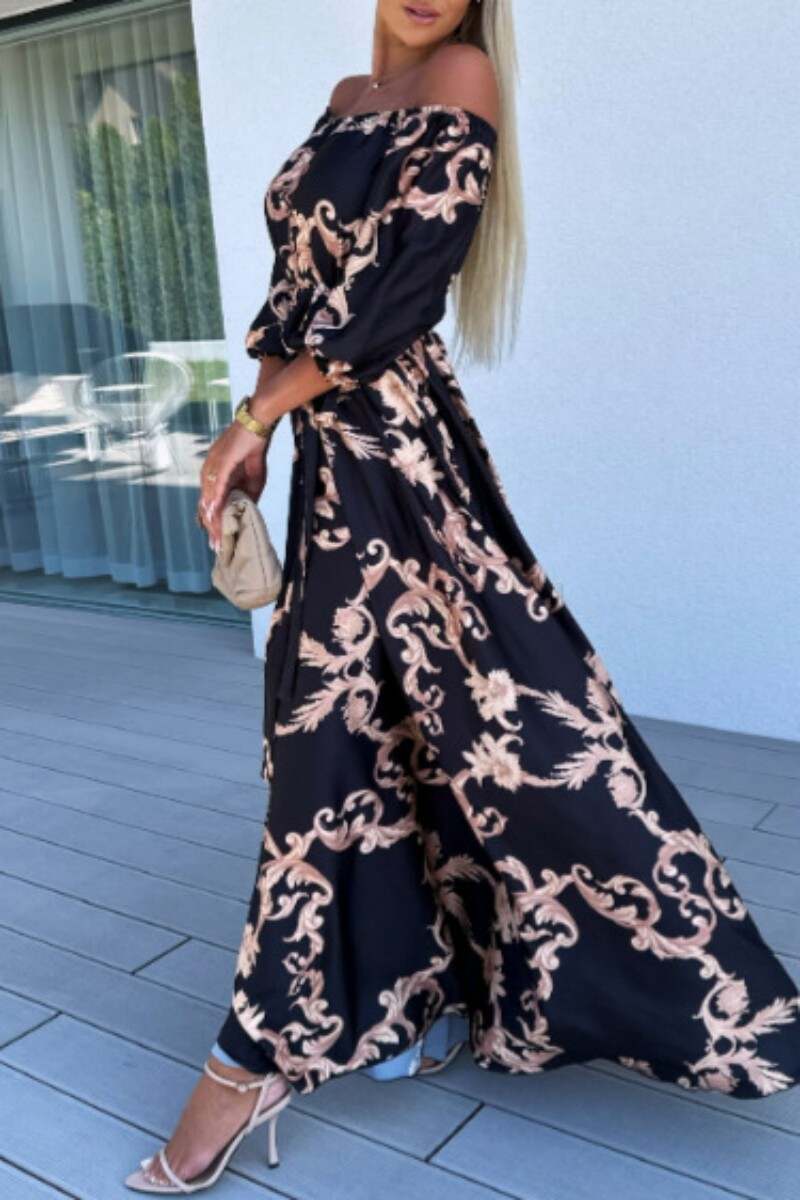 Black Red Casual Print Patchwork Off the Shoulder Long Dress Dresses