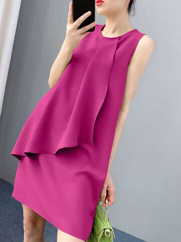 Women Casual Dresses | Solid Ruffle Front Crew Neck Sleeveless Casual A-line Dress - WP59890