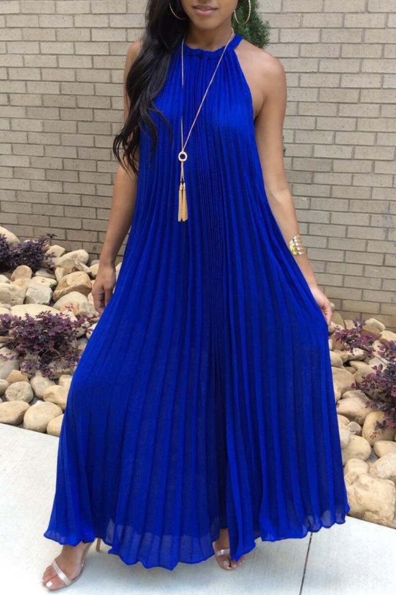 Black Casual Solid Frenulum Pleated O Neck Long Dress Dresses