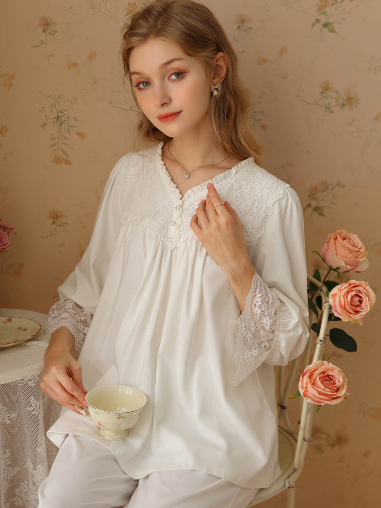 Lace Cotton V Neck Casual  Long Sleeve Pajama Set