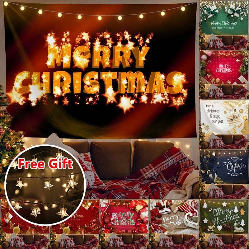 Christmas Decor LED Lights Wall Tapestry Merry Christmas Print