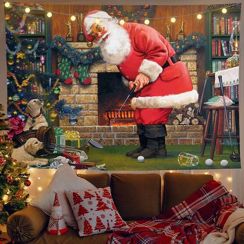 Christmas Decor LED Lights Wall Tapestry Fireplace Santa Claus Print