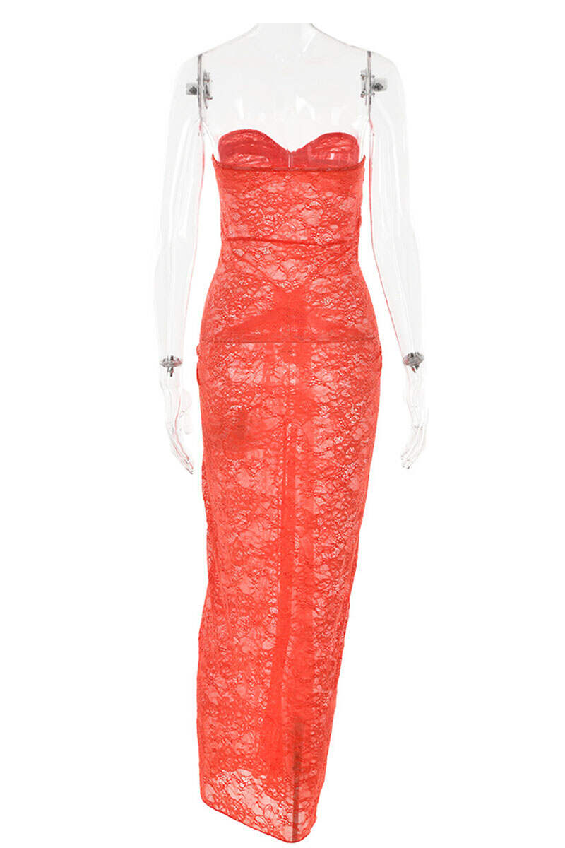 Tangerine Red Sexy Solid Lace Patchwork See-through Backless Strapless Wrapped Skirt Dresses