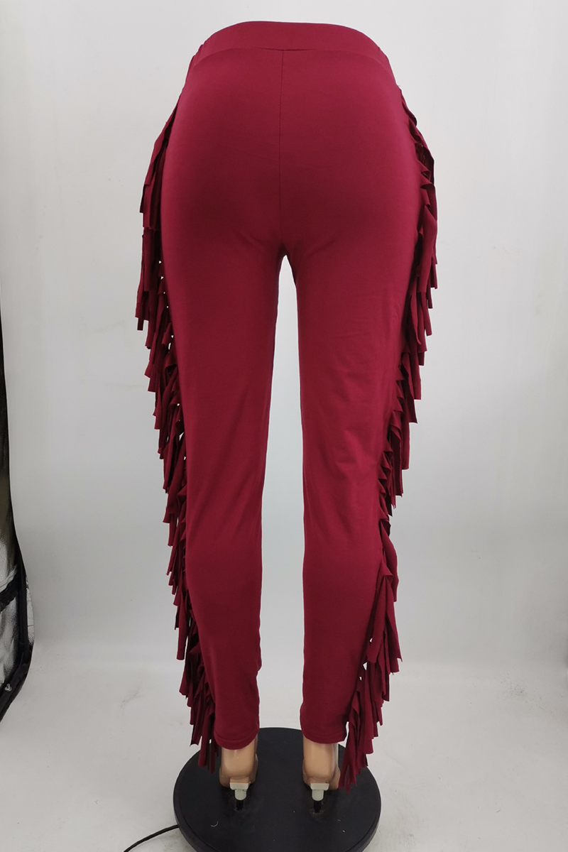 Black Sexy Solid Tassel Skinny High Waist Pencil Solid Color Bottoms