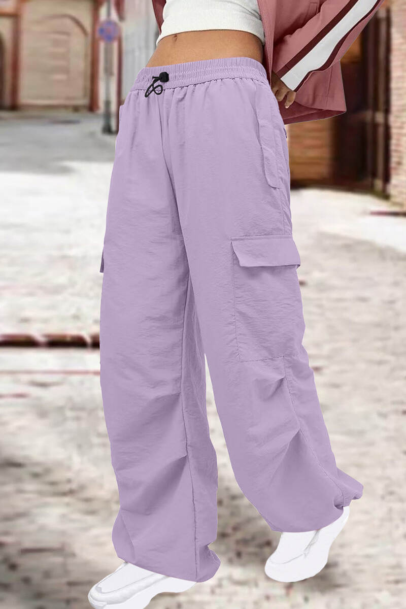 Light Purple Street Solid Patchwork Draw String Pocket Straight Low Waist Straight Solid Color Bottoms