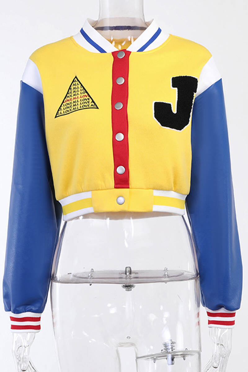 Yellow Casual Letter Patchwork Buckle O Neck Outerwear