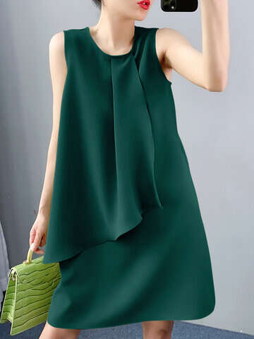 Women Casual Dresses | Solid Ruffle Front Crew Neck Sleeveless Casual A-line Dress - WP59890