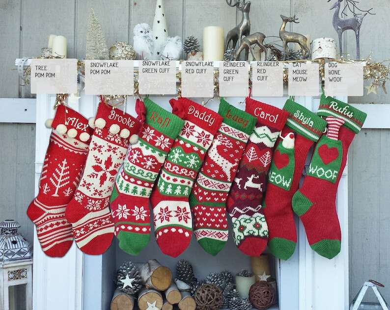 Knitted Christmas Stockings Red IVORY Green Fun Snowflake Family with Pets Cat Mouse Meow and Dog Bone Woof Knit Personalized Embroidered