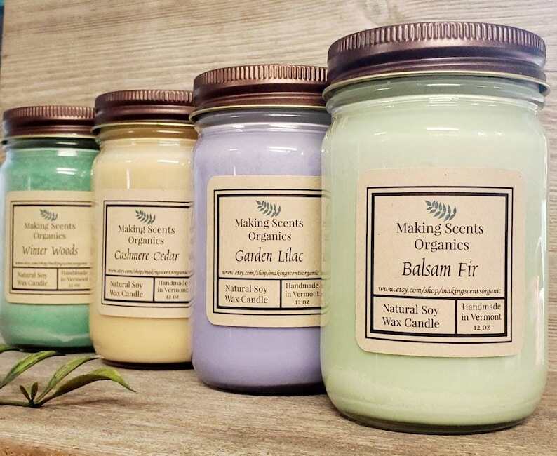 Pure Soy Wax Candles / Candles / Soy Candles /  Balsam Fir & 60+ Scents  / 12 oz  Mason Jar Candle /  Made in VT / Making Scents Organics